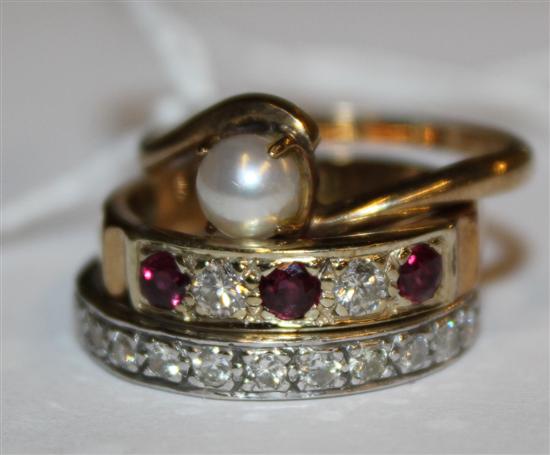 Diamond eternity ring, 9ct gold, ruby & diamond 5-stone ring & 9ct gold pearl-set ring